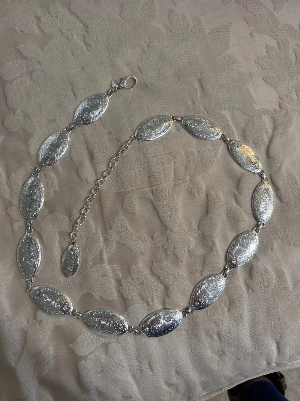 Silver Tone Oval Engraved Concho Chain Belt - Women's Jewelry